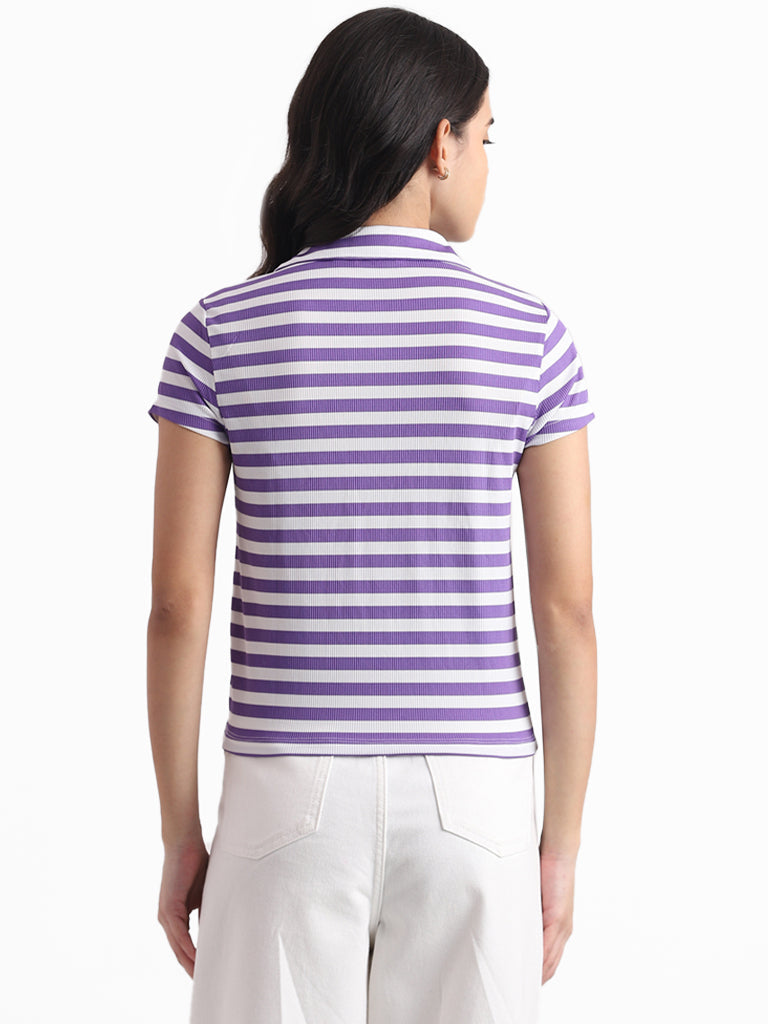 Nuon Lavender and White Striped Slim Fit Lapel Collar T-Shirt