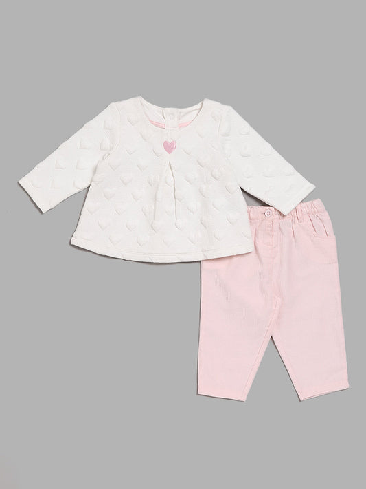 HOP Baby Heart Patterned White Top with Plain Pink Pants