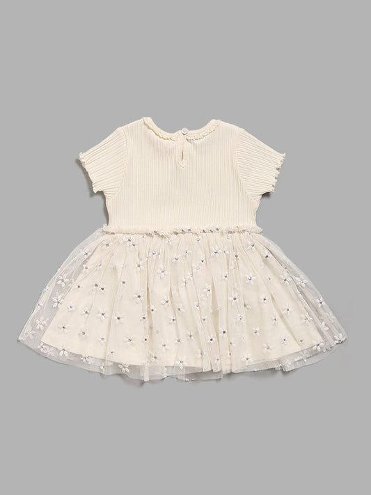 HOP Baby Cream Floral Embroidered Mesh Dress