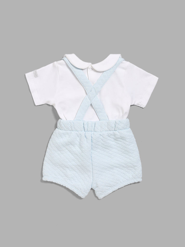 HOP Baby White T-Shirt, Blue Self-Patterned Shorts & Suspender Set