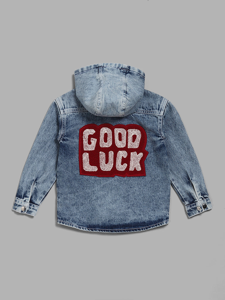 HOP Kids by Blue Mid Wash Embroidered Denim Hoodie Jacket