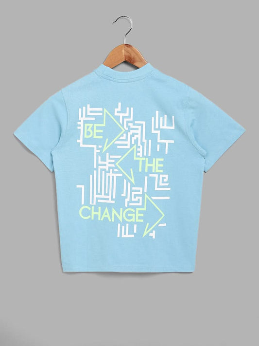 Y&F Kids Printed Sky Blue T-Shirt