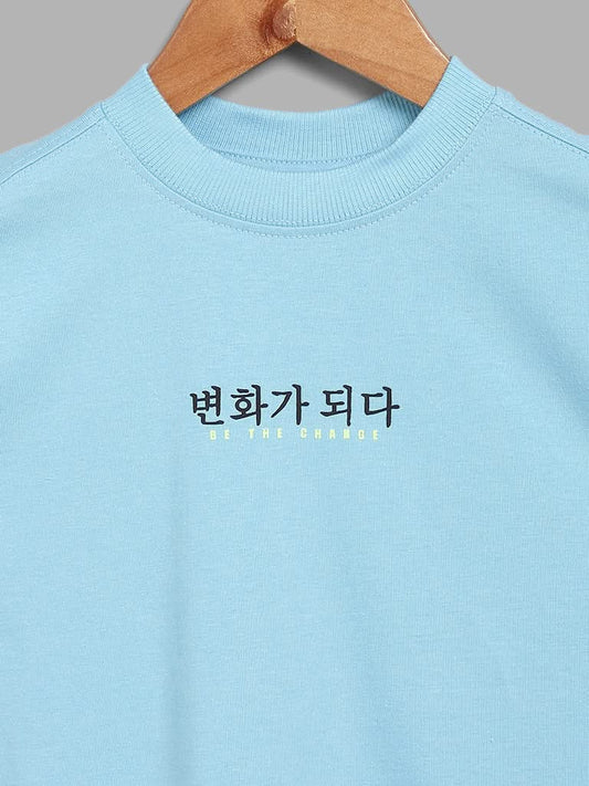 Y&F Kids Printed Sky Blue T-Shirt