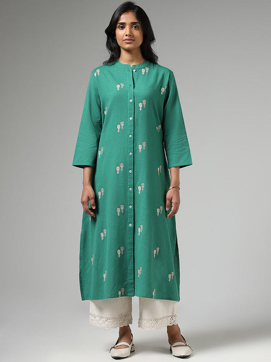 Utsa Green Floral Embroidered Buttoned Down Kurta