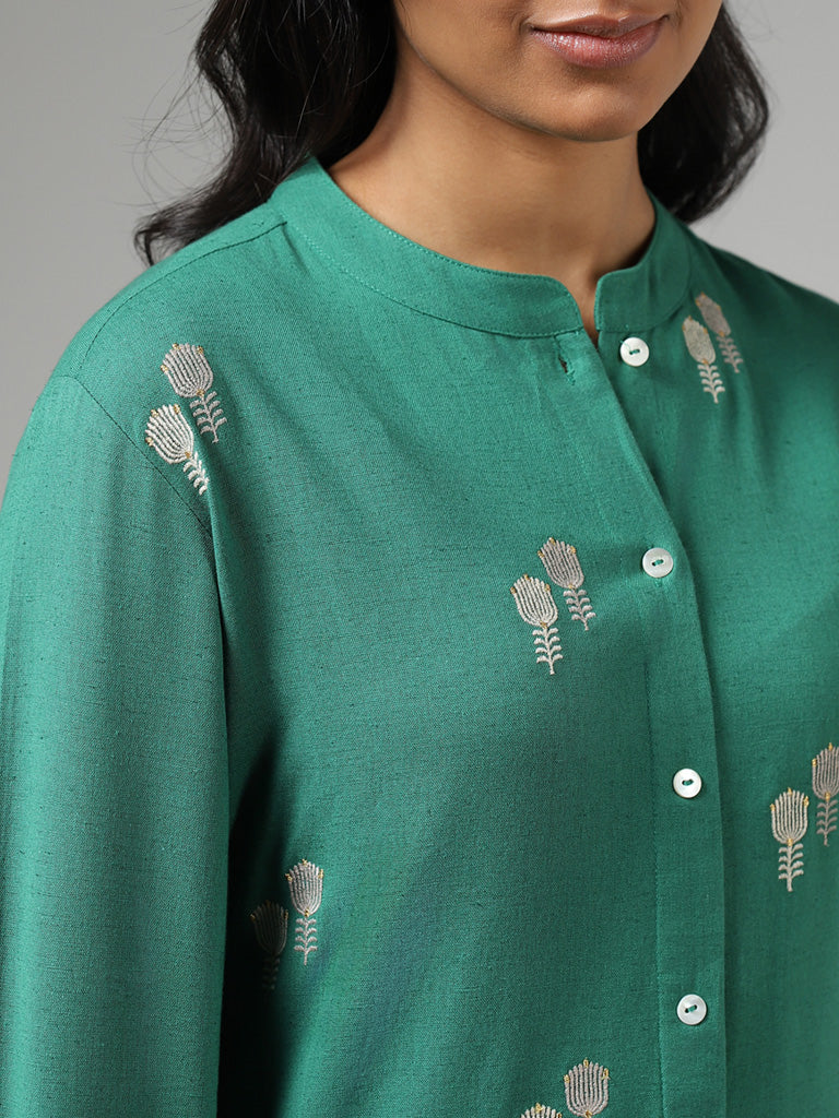 Utsa Green Floral Embroidered Buttoned Down Kurta