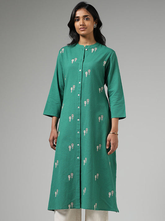 Utsa Green Floral Embroidered Buttoned Down Kurta