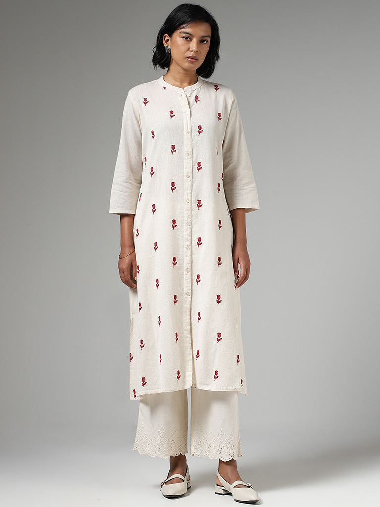 Utsa Floral Embroidered Off White Kurta