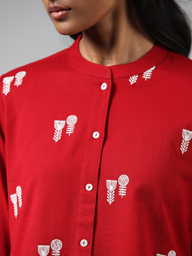 Utsa Red Floral Embroidered Button Down Kurta