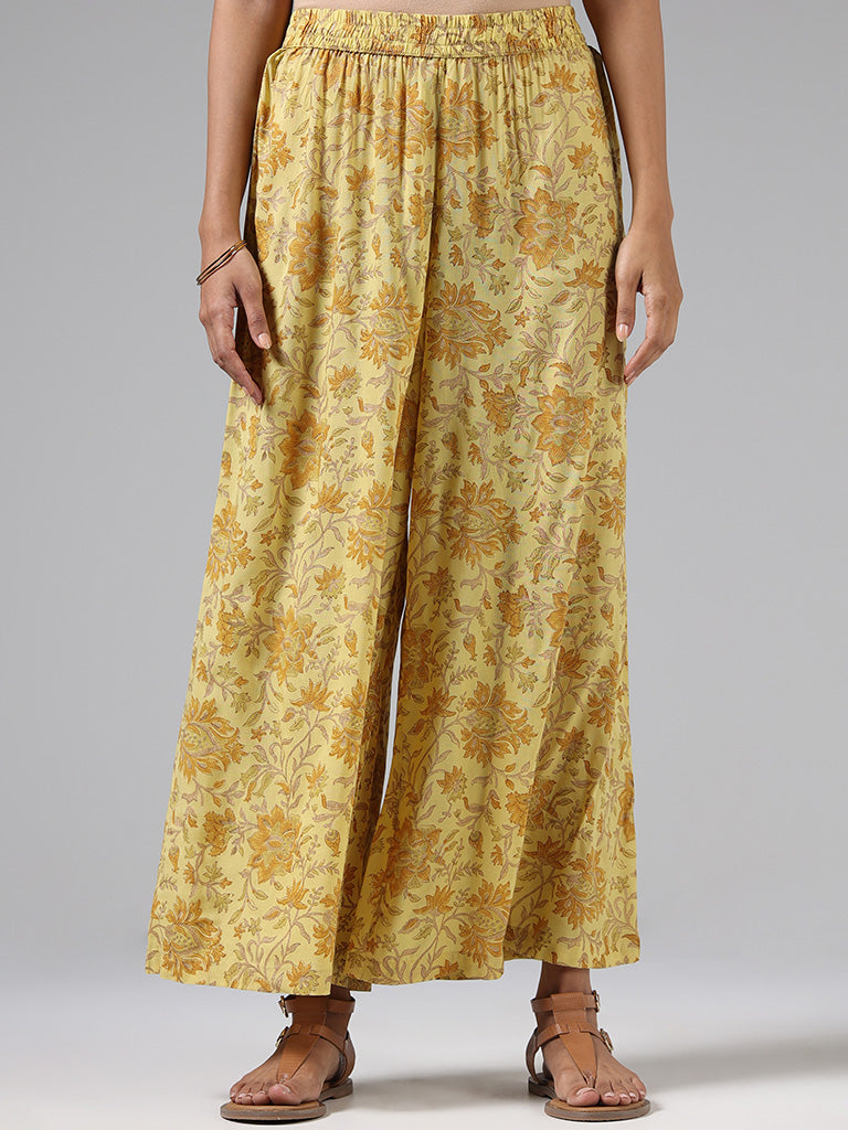 Zuba Mustard Floral Printed Palazzos