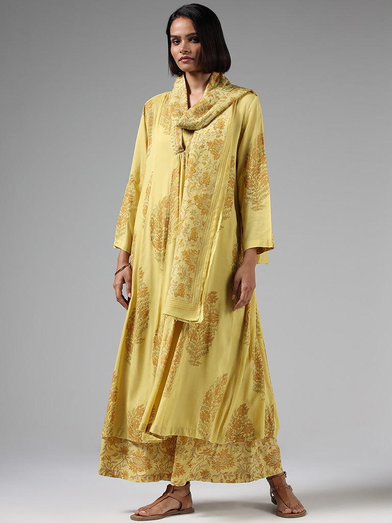 Zuba Mustard Floral Printed Pleated Kurta