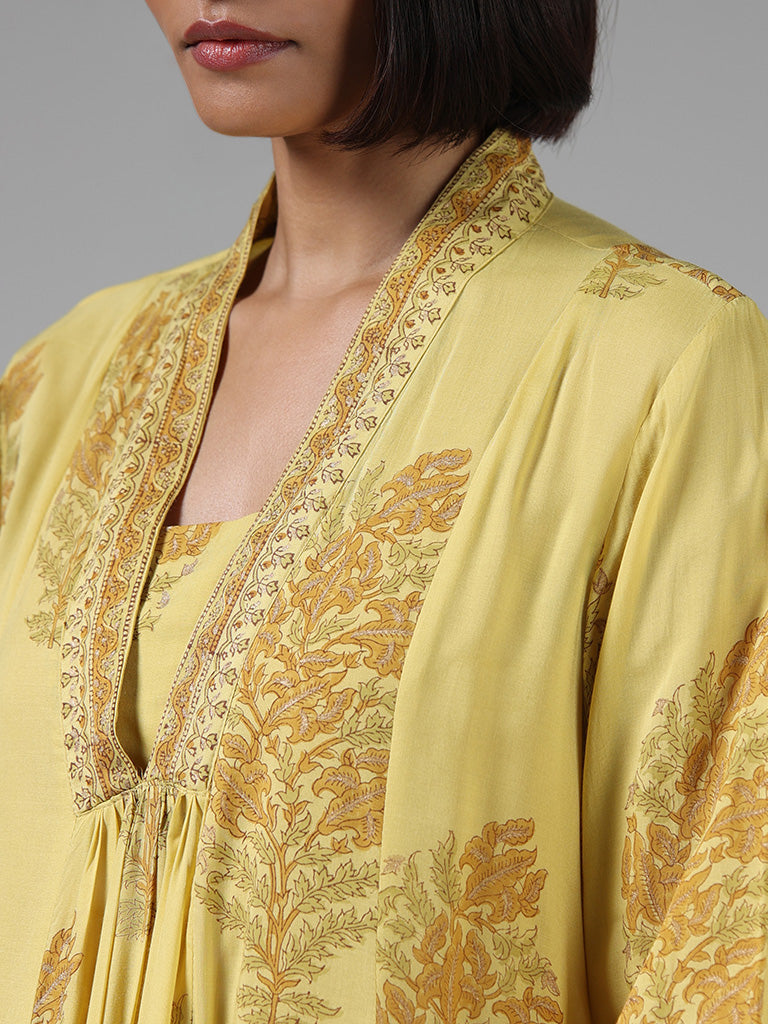 Zuba Mustard Floral Printed Pleated Kurta