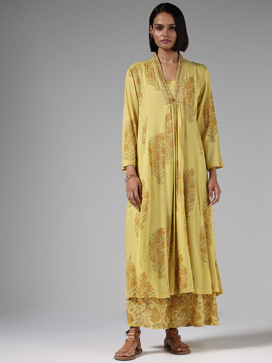 Zuba Mustard Floral Printed Pleated Kurta