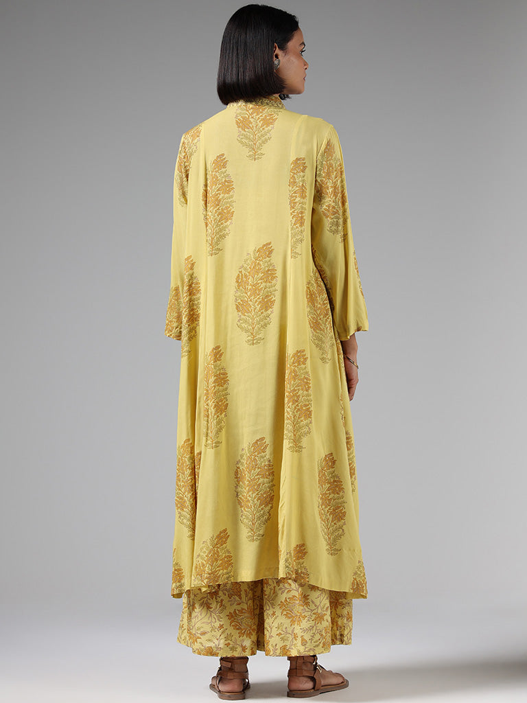 Zuba Mustard Floral Printed Pleated Kurta