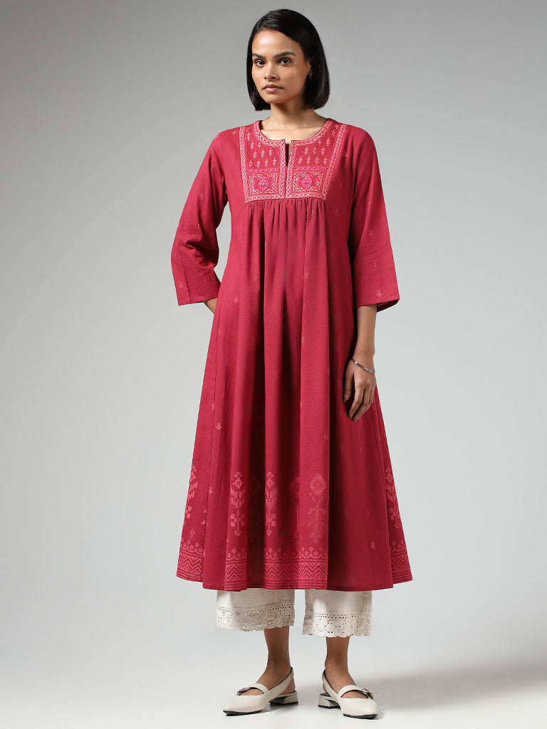 Utsa Magenta Mirror Embroidered Cotton Gathered Kurta