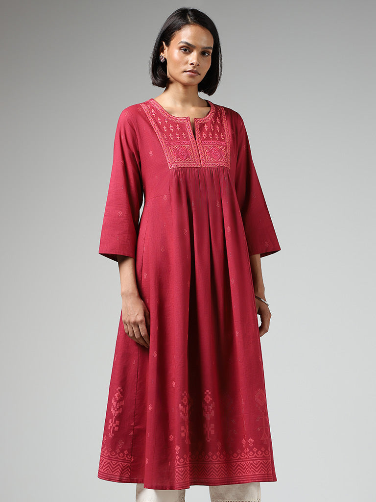 Utsa Magenta Mirror Embroidered Cotton Gathered Kurta