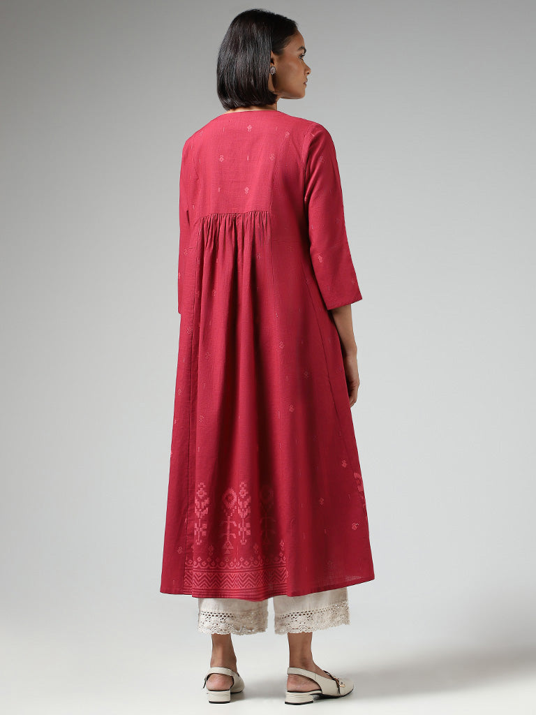 Utsa Magenta Mirror Embroidered Cotton Gathered Kurta