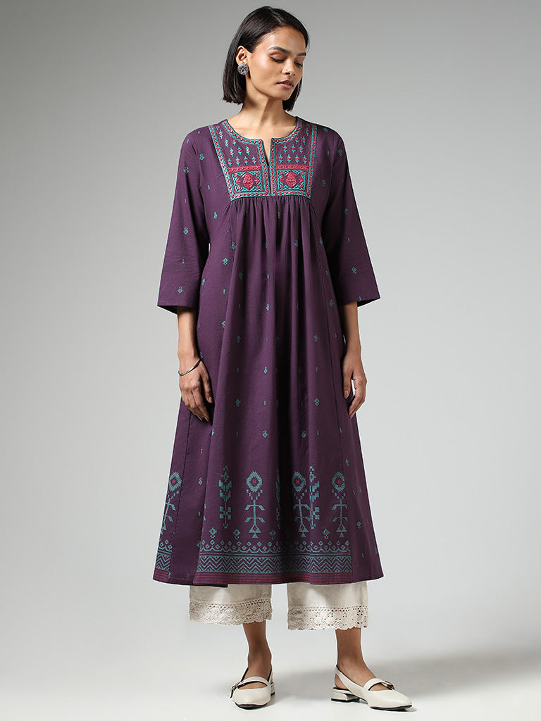 Utsa Dark Purple Mirror Embroidered Cotton Gathered Kurta