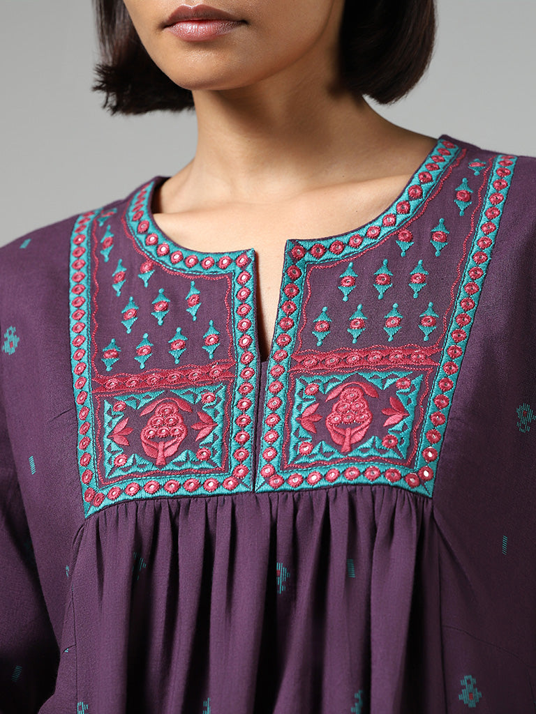 Utsa Dark Purple Mirror Embroidered Cotton Gathered Kurta