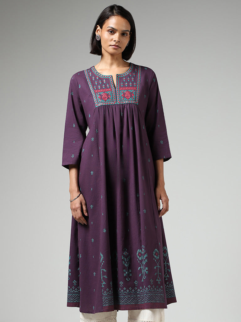 Utsa Dark Purple Mirror Embroidered Cotton Gathered Kurta