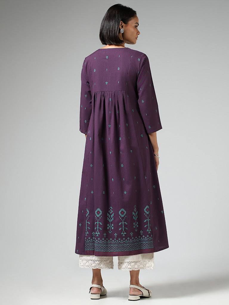 Utsa Dark Purple Mirror Embroidered Cotton Gathered Kurta