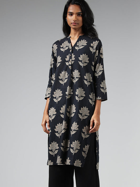 Utsa Black Floral Printed Kurta