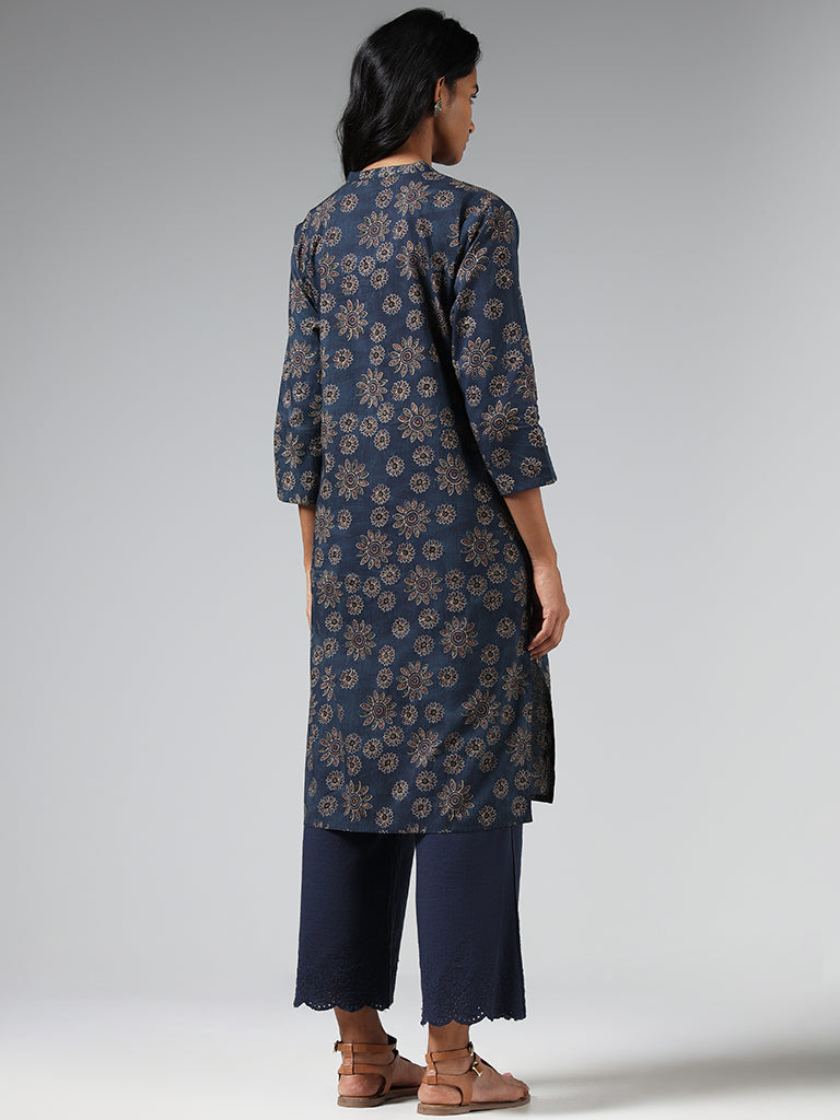 Utsa Dark Indigo Floral Printed Kurta