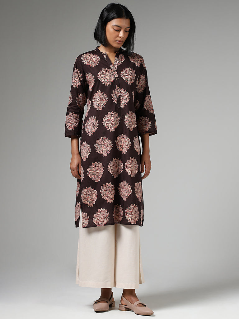 Utsa Dark Brown Floral Printed Straight Kurta