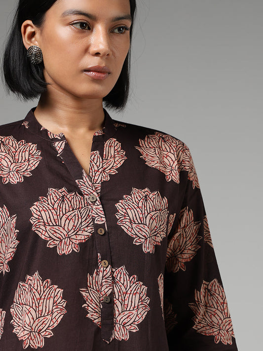 Utsa Dark Brown Floral Printed Straight Kurta