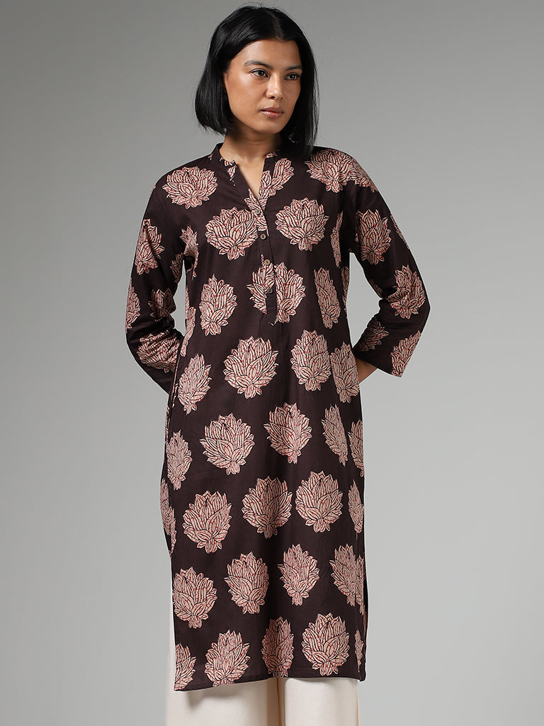 Utsa Dark Brown Floral Printed Straight Kurta