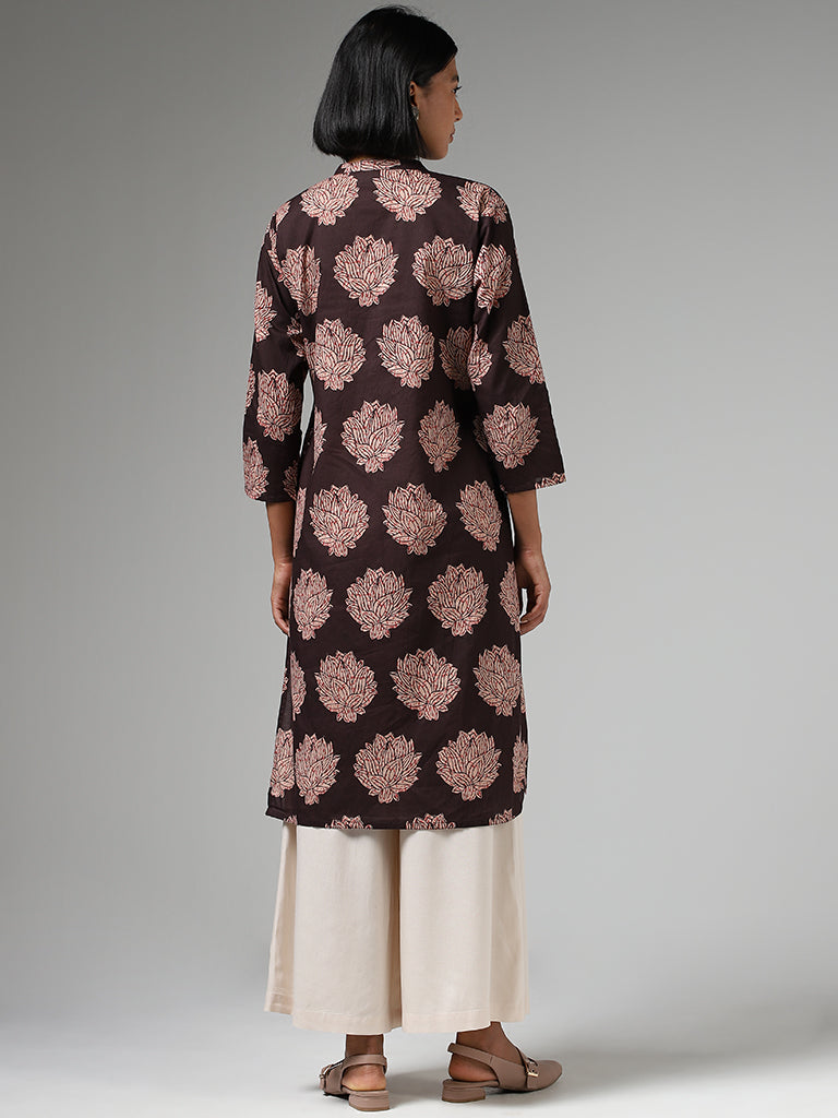 Utsa Dark Brown Floral Printed Straight Kurta