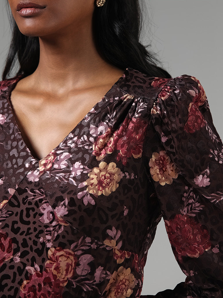 Wardrobe Black Velvet Floral Printed Top