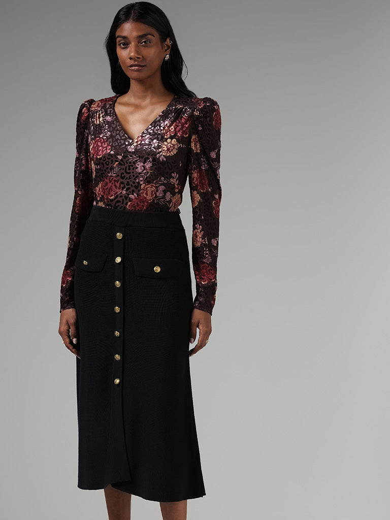 Wardrobe Black Velvet Floral Printed Top