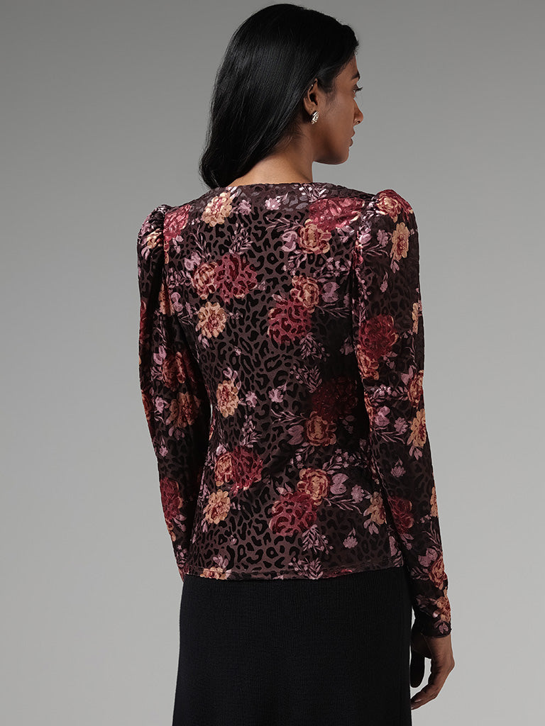 Wardrobe Black Velvet Floral Printed Top