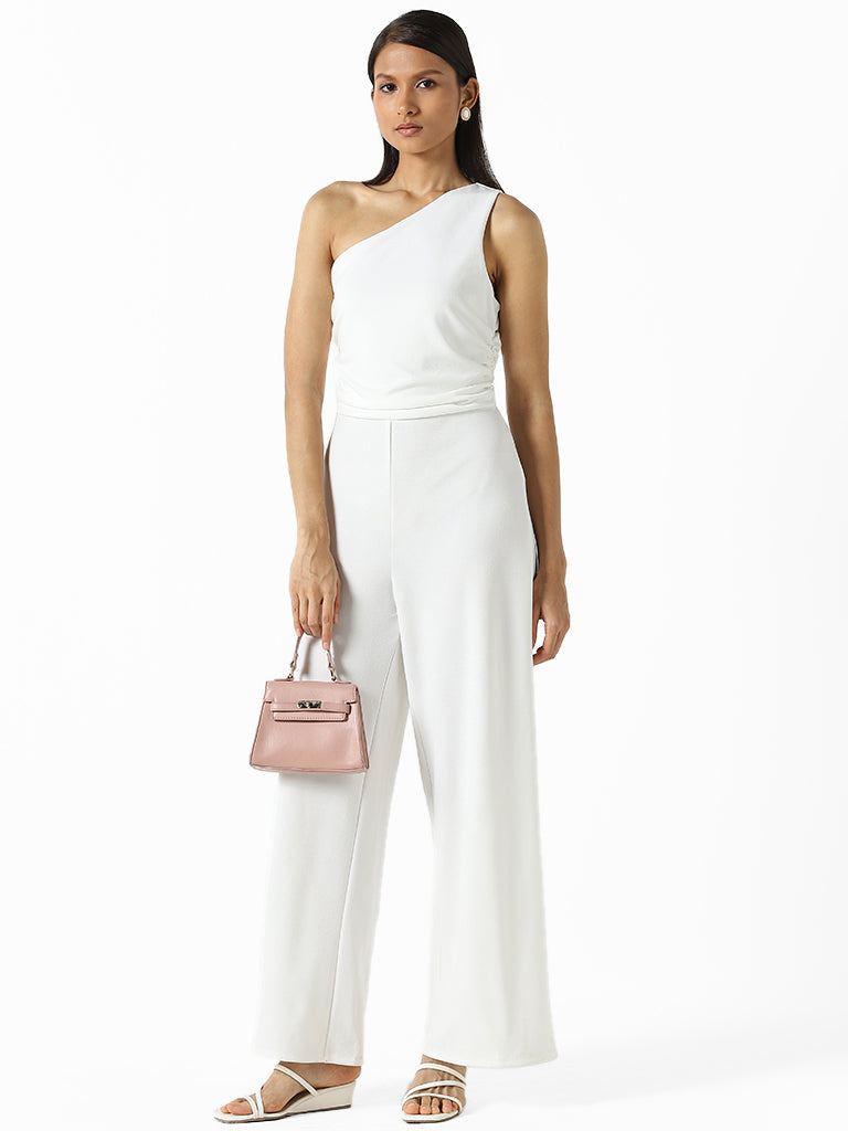 Wardrobe Solid White One-Shoulder Jumpsuit