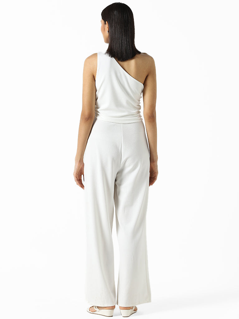 Wardrobe Solid White One-Shoulder Jumpsuit