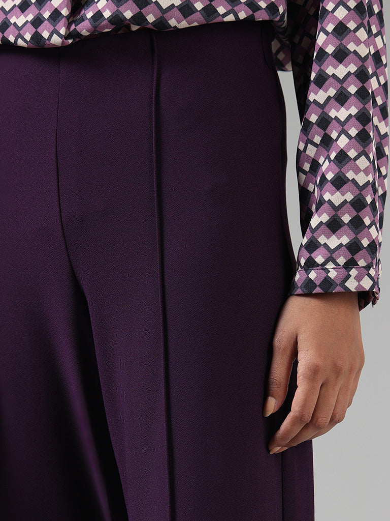 Wardrobe Dark Purple Front-Seam Wide-Leg Trousers