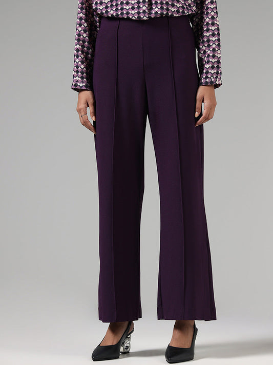 Wardrobe Dark Purple Front-Seam Wide-Leg Trousers