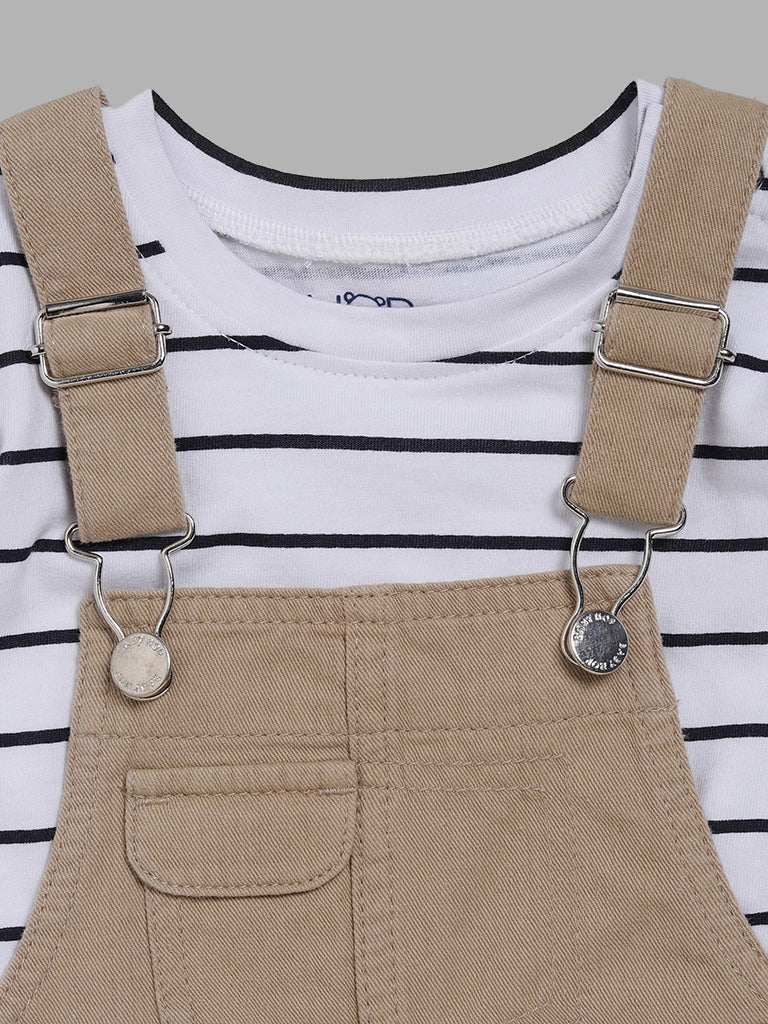 HOP Baby White Striped T-Shirt & Tan Brown Dungaree Set