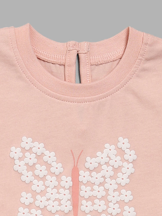 HOP Baby Peach Butterfly Printed T-Shirt & Mesh Skirt Set