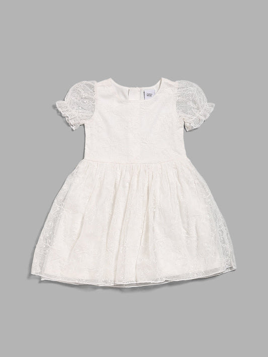 HOP Kids White Floral Embroidered Dress