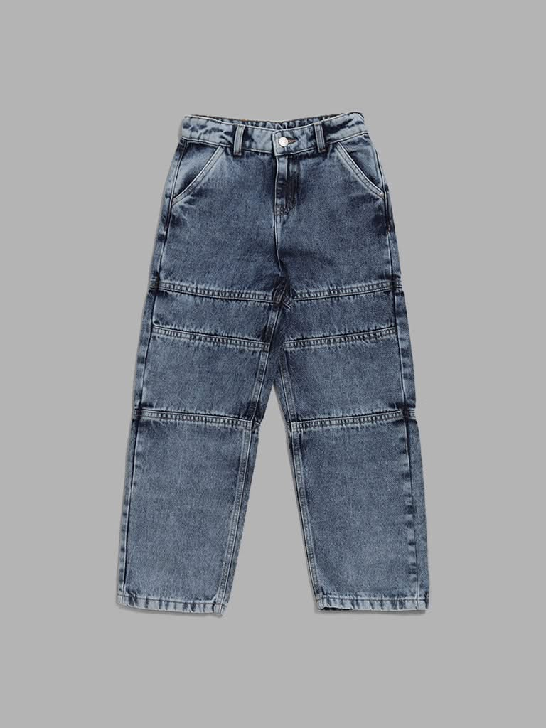 Y&F Kids Ice Blue Washed Relaxed - Fit Mid - Rise Denim Jeans