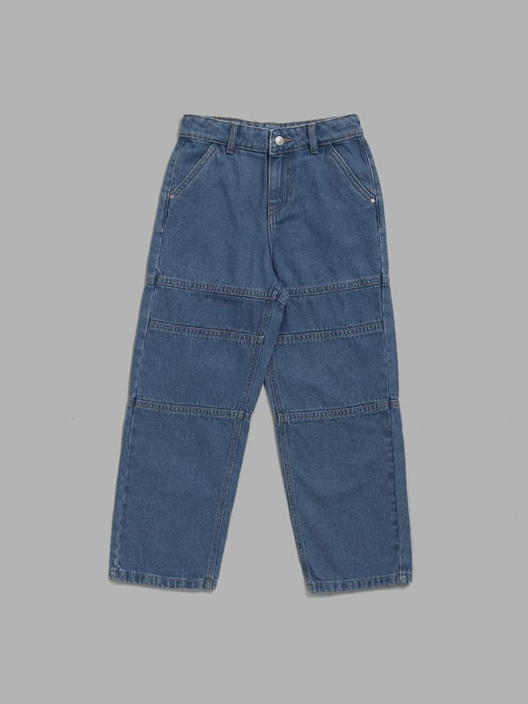 Y&F Kids Solid Mid Blue Relaxed - Fit Mid - Rise Denim Jeans