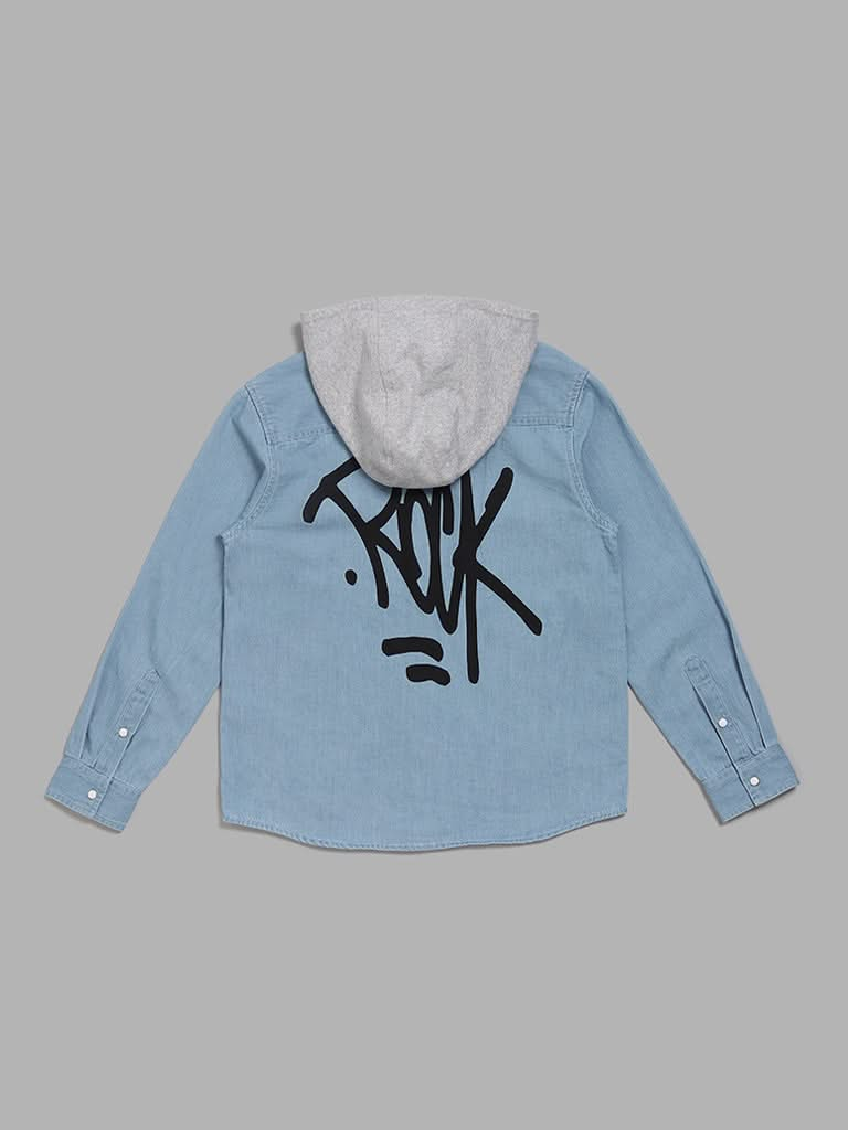 Y&F Kids Blue Printed Shirt with Hood