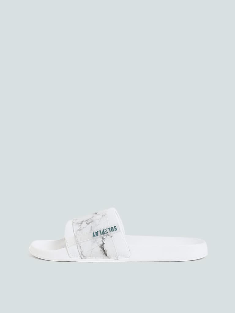 SOLEPLAY White & Grey Marble Effect Printed Knitted Slides