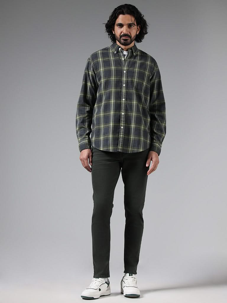 WES Casuals Green Checked Cotton Relaxed-Fit Shirt