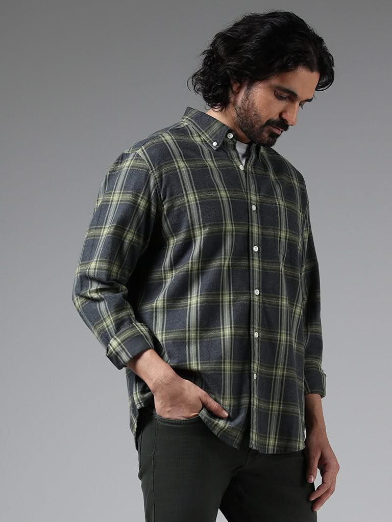 WES Casuals Green Checked Cotton Relaxed-Fit Shirt