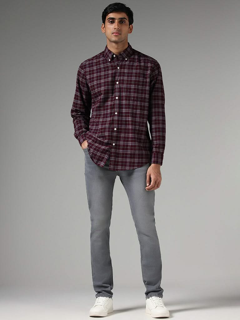 WES Casuals Wine Checked Relaxed-Fit Shirt