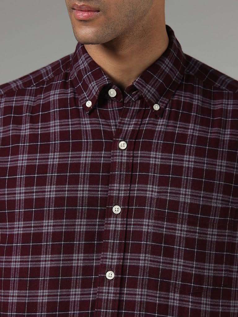 WES Casuals Wine Checked Relaxed-Fit Shirt