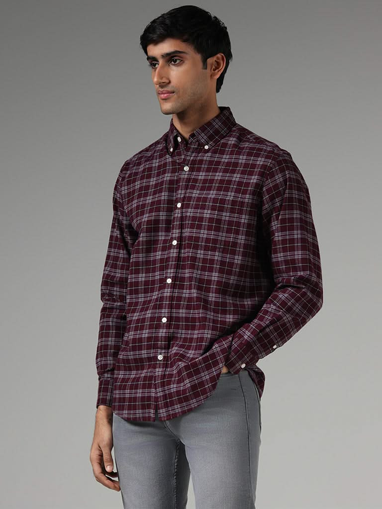 WES Casuals Wine Checked Relaxed-Fit Shirt