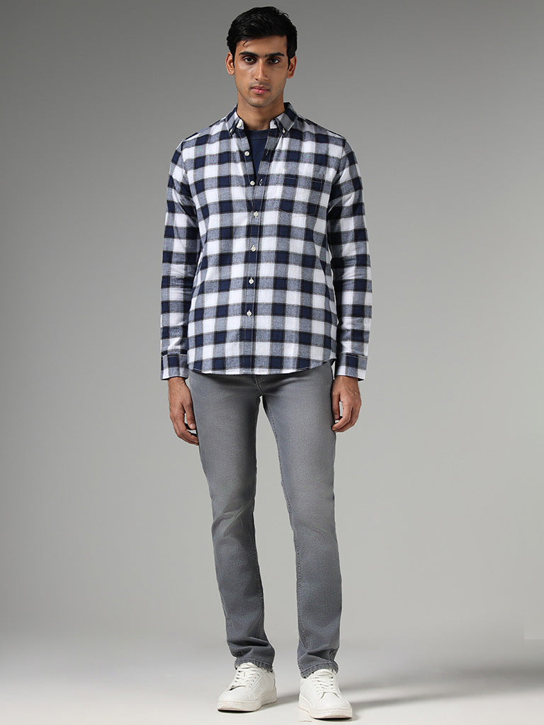 WES Casuals Blue Checked Slim-Fit Shirt